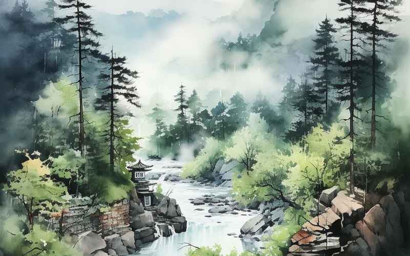 《幽谷溪涧两峰相对水润无尘》
